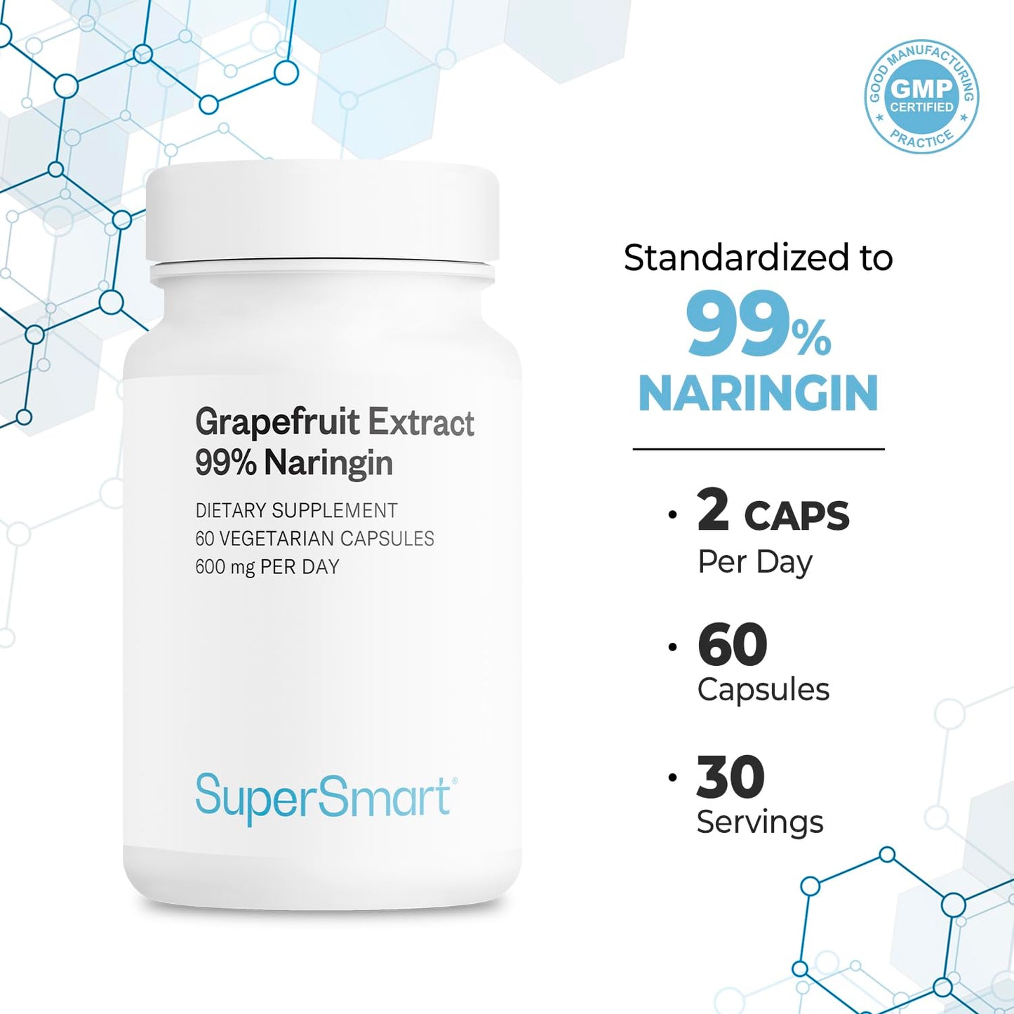 Supersmart Grapefruit Extract 600mg per Day (99% Naringin) - High Potency GSE Supplement, 60 Capsules