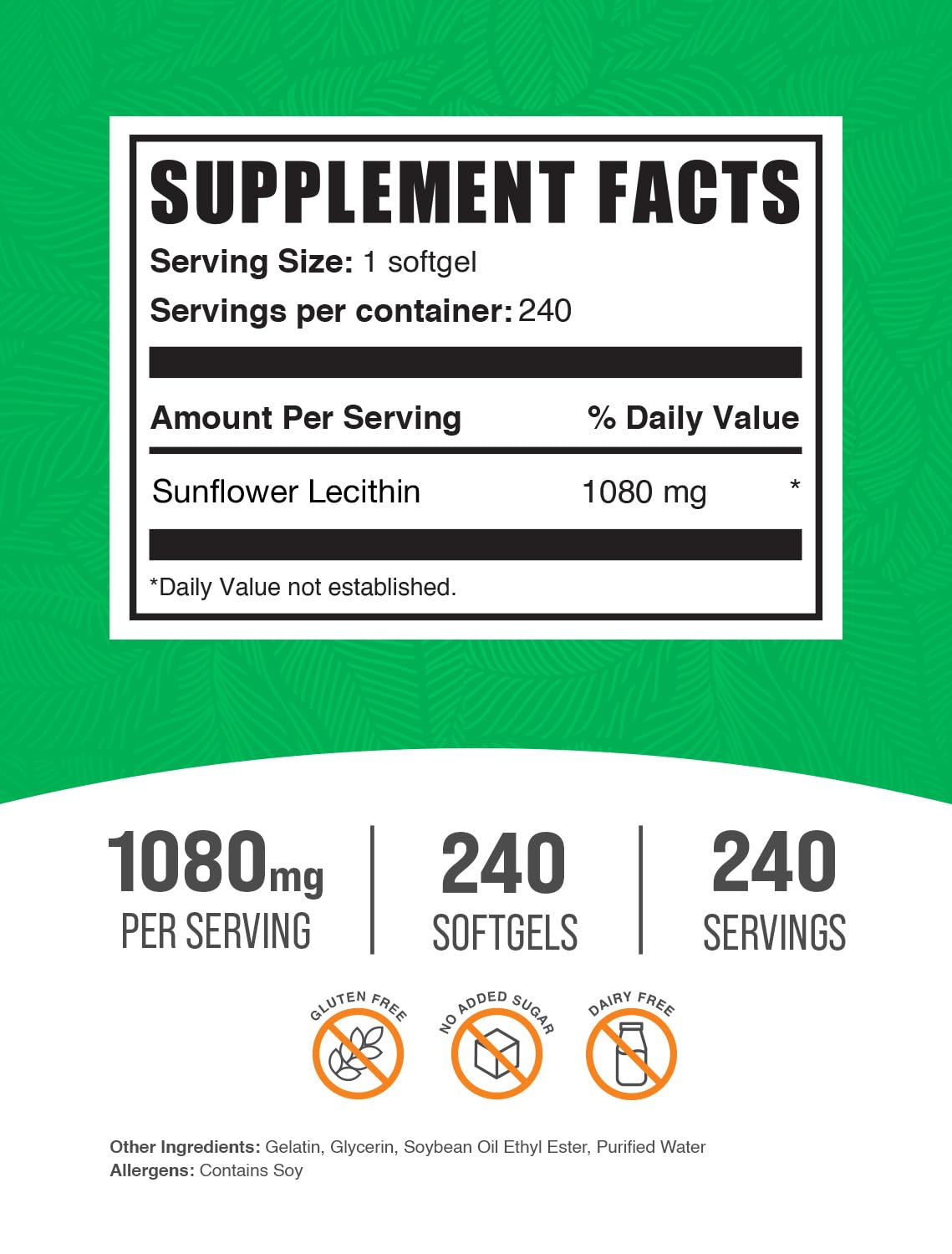 BulkSupplements Sunflower Lecithin Softgels, 240 Count
