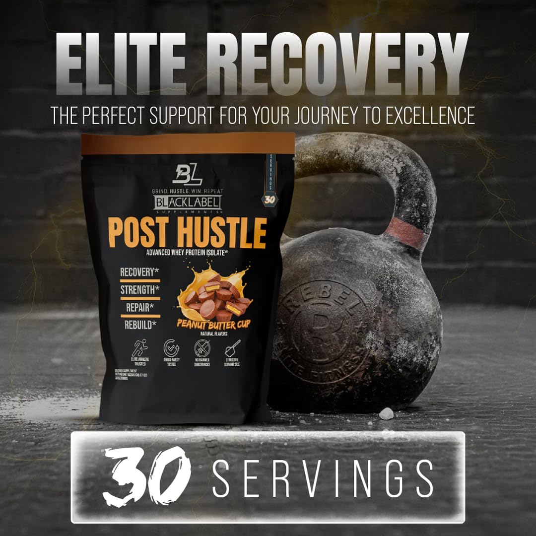 BLACKLABEL Supplements Post Hustle Post Workout Protein Powder Whey Protein Isolate Powder with Digestive Enzymes Peanut Butter Cup, 40 Servings