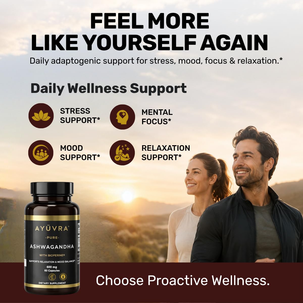 AYÜVRA Ashwagandha Capsules with BioPerine 600mg Root Extract, Stress Support, 60 Capsules