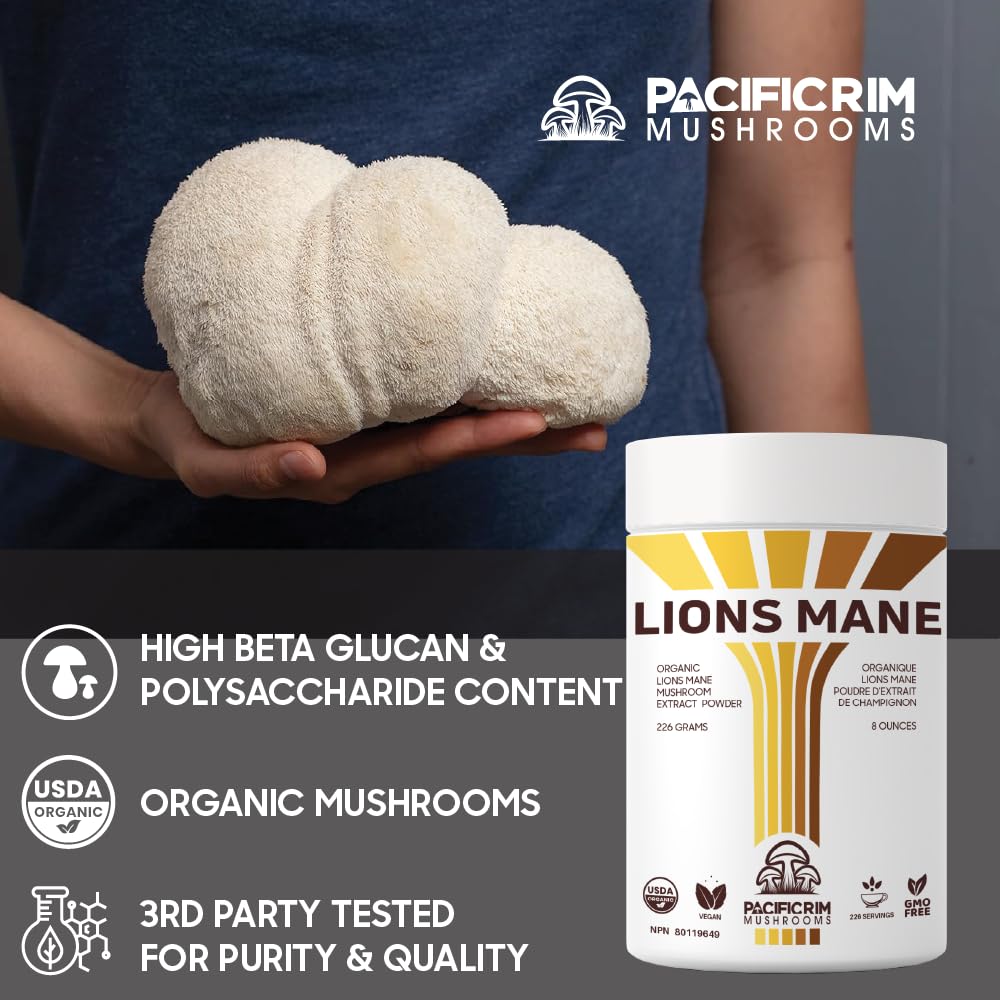 Pacific Rim Mushrooms Organic Lions Mane Mushroom Extract Powder 10:1 – Fruiting Body Mushroom Supplement Powder, 0.28 oz