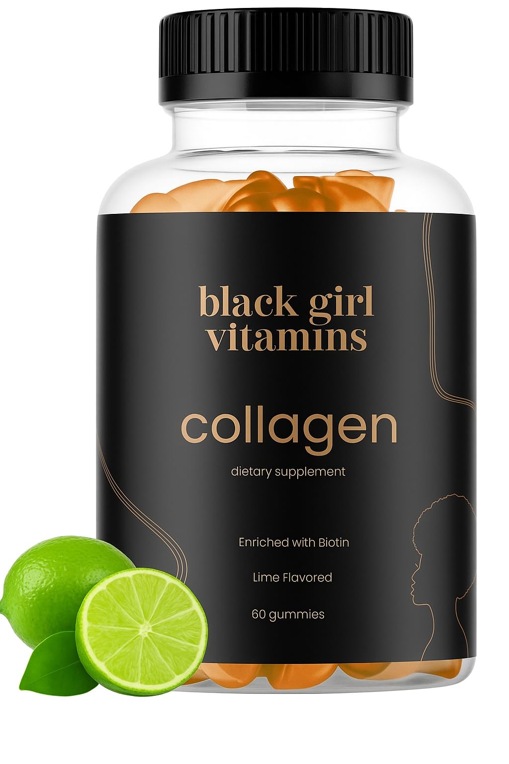Black Girl Vitamins Collagen Gummies for Hair, Skin, and Nail Support with Vitamin C, Vitamin E, and Biotin, Gluten-Free, Lime, 60 Gummies
