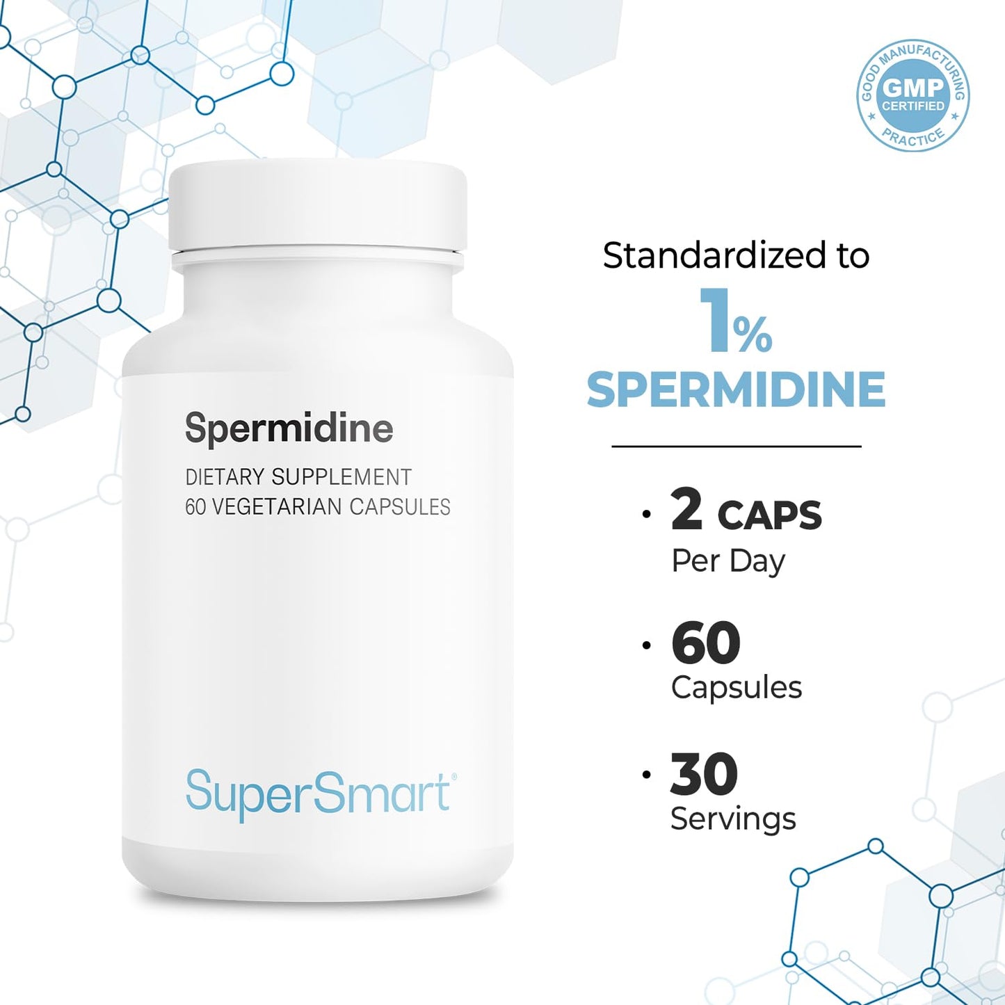 Supersmart Spermidine 3mg per Day - Rice Starch Extract Supplement Capsules, 60 Count