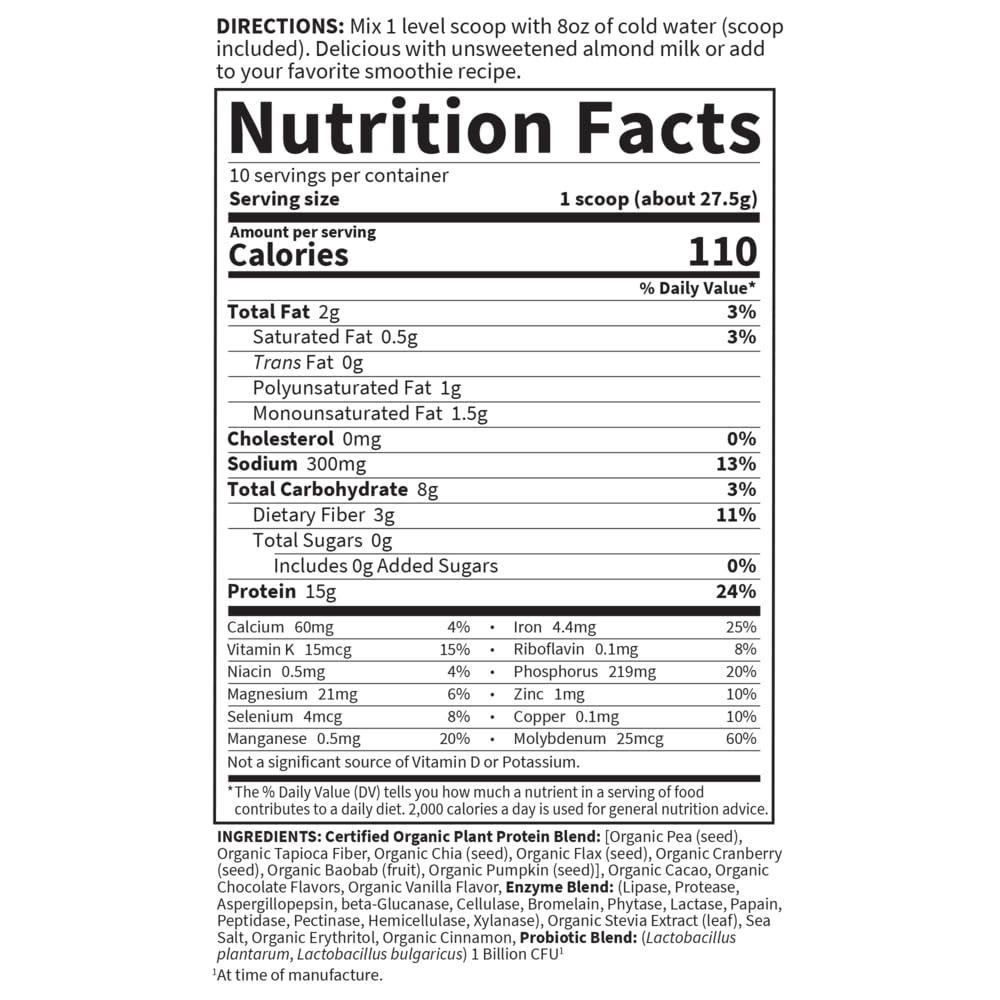 Garden of Life Organic Plant Protein Chocolate Flavor Protein Powder with Probiotics & Enzymes, 10 Servings