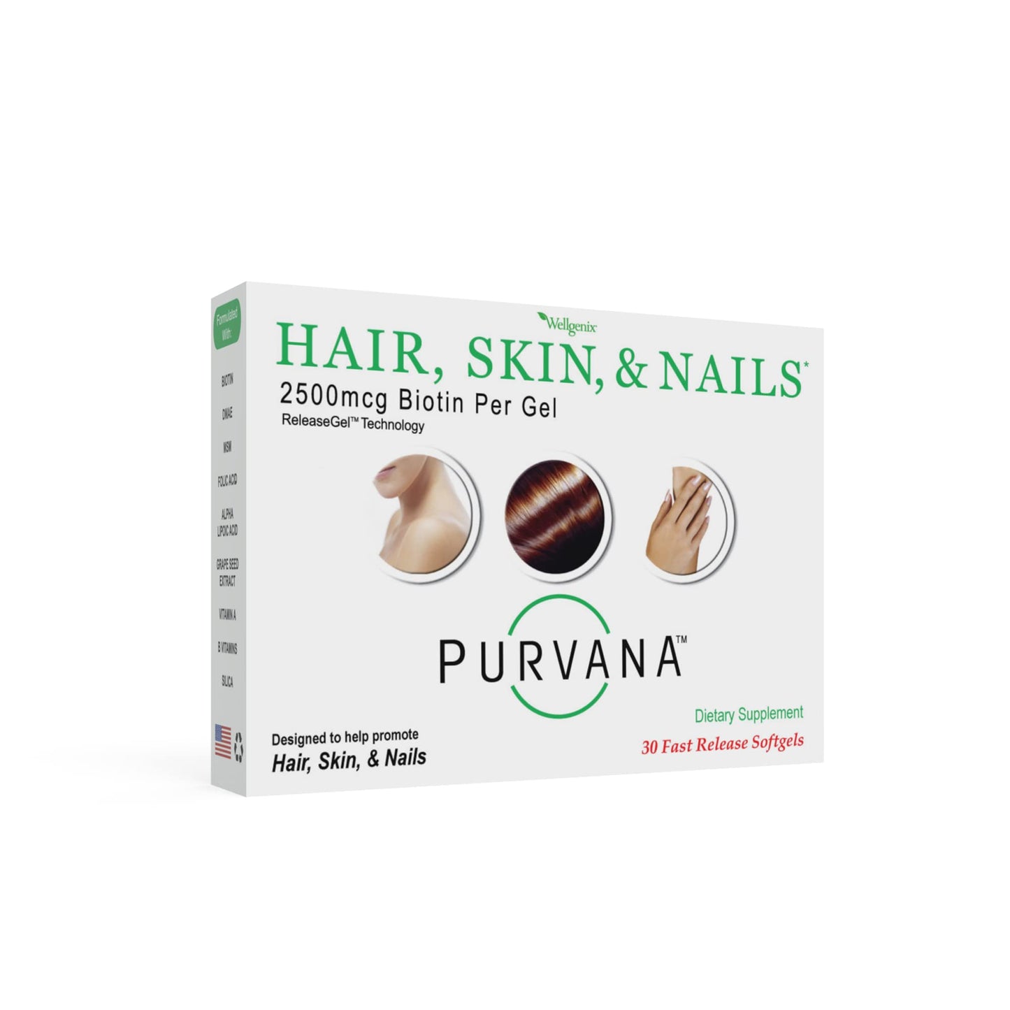 Wellgenix Purvana Hair Skin and Nails Biotin Softgels 2500mcg with MSM & B-Complex, 30 Softgels