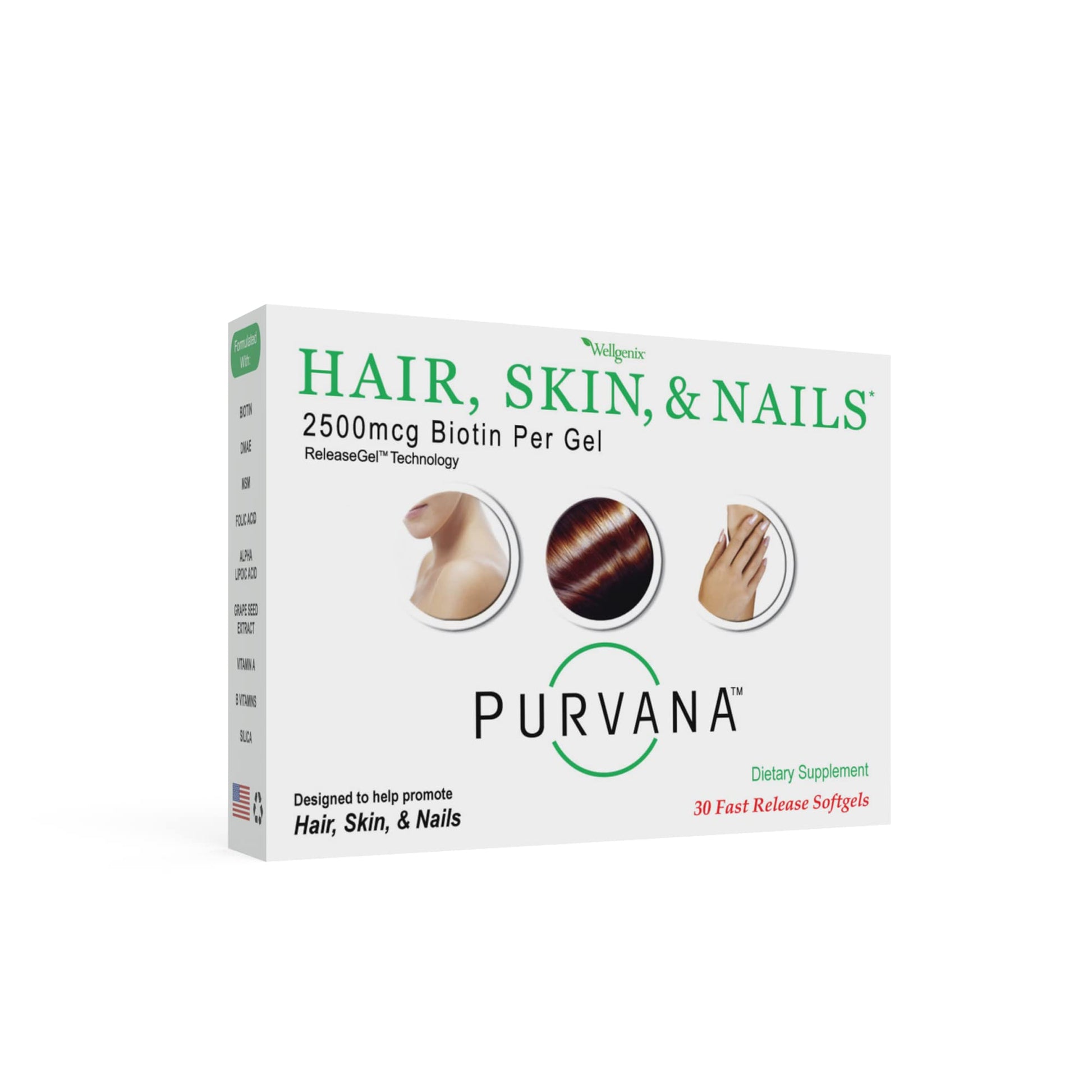 Wellgenix Purvana Hair Skin and Nails Biotin Softgels 2500mcg with MSM & B-Complex, 30 Softgels