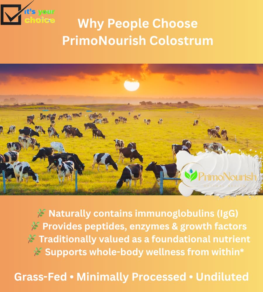 PrimoNourish Grass-Fed, Pasture-Raised Pure Bovine Colostrum Powder for Immune & Gut Support, Energy & Recovery, 8.4 oz
