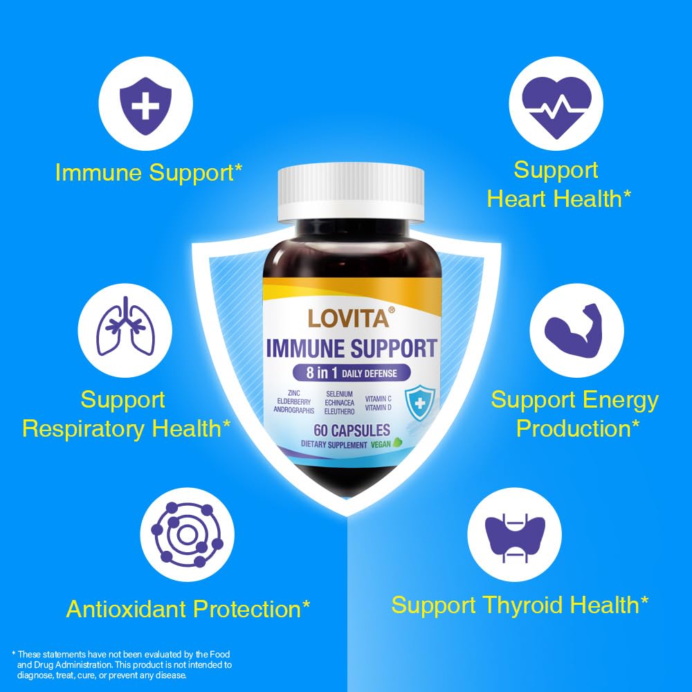 LOVITA Immune Support 8 in 1 Daily Defense, Elderberry with Zinc, Vitamin C & D, Echinacea, Selenium, Andrographis & Siberian Ginseng Extract, 60 Capsules