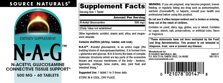 Source Naturals N-A-G N-Acetyl Glucosamine, 500 mg Tablet, 60 Tablets