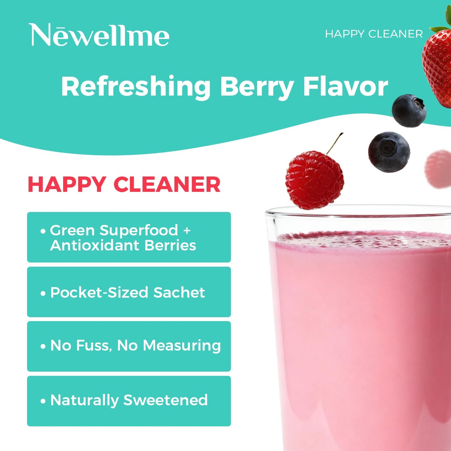 NEWELLME Happy Cleaner Superfood Powder, 16-in-1 Natural Gut Health Supplement, 14 Packets, 4.4 Ounce