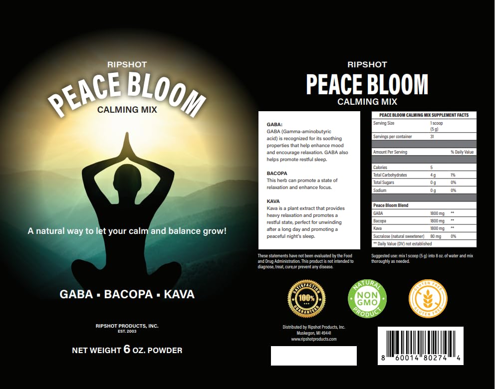 RIPSHOT Peace Bloom Calming Powder Mix with Kava, Bacopa & GABA Powder, 6 oz