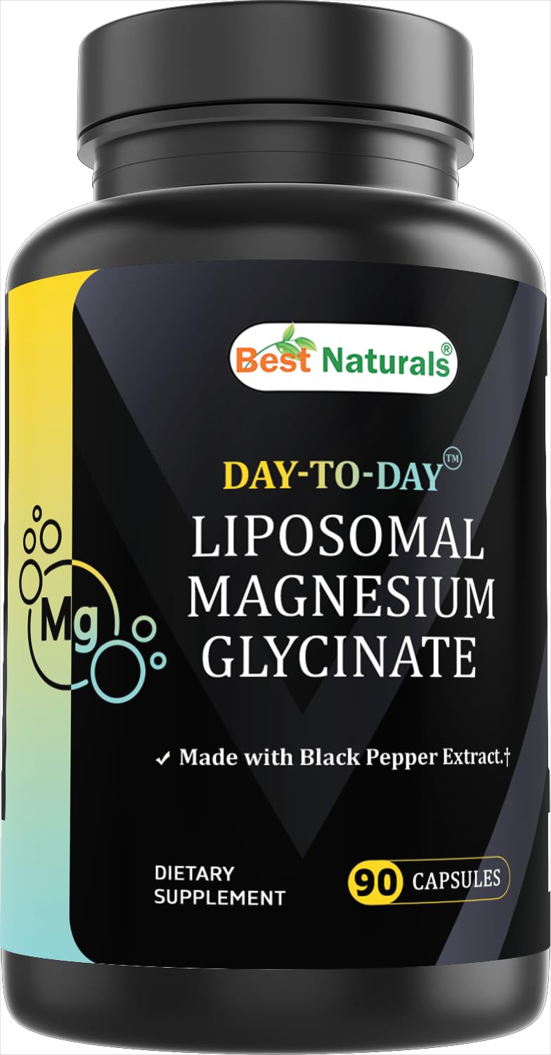 Best Naturals Liposomal Magnesium Glycinate Supplement with Black Pepper Extract, Chelated Magnesium Glycinate, Non-GMO Vegan Formula, Capsules, 90 Capsules