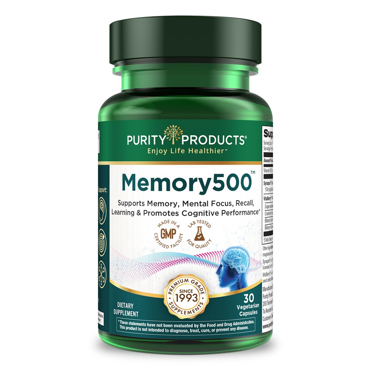 Purity Products Memory500 Bacopa monniera/Brahmi Elite Nootropic Complex Capsules, 30 Count