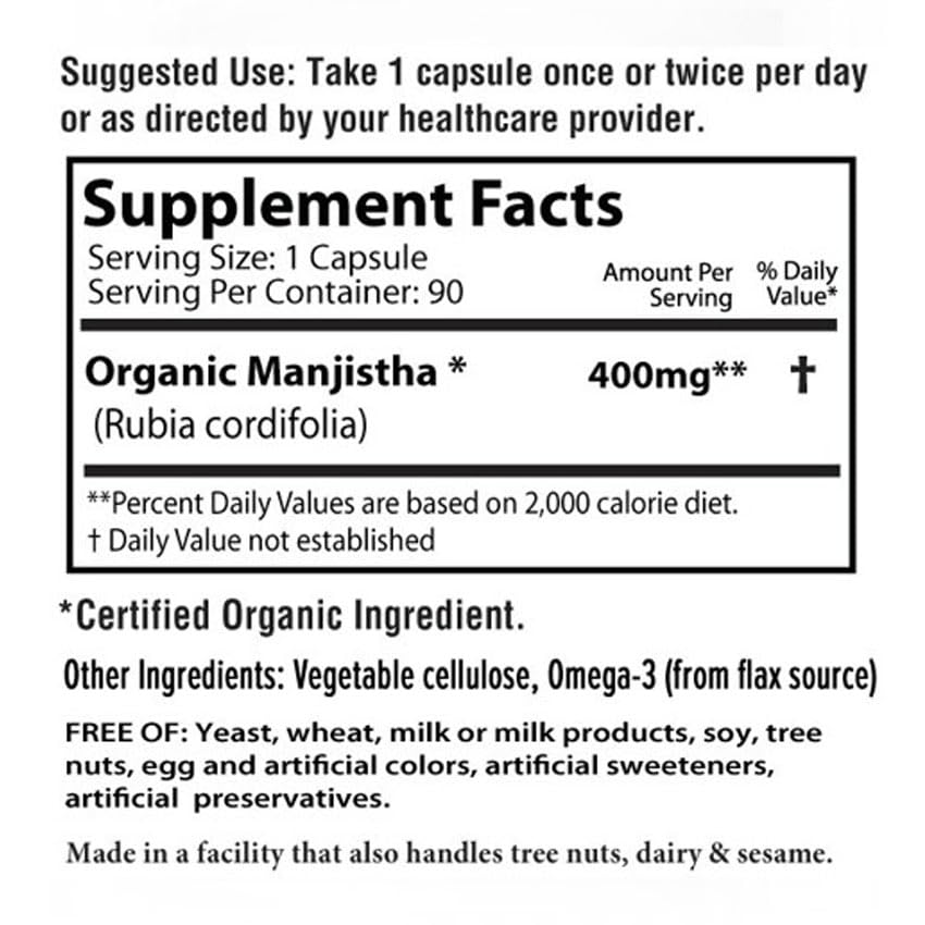 AyurBest Manjistha Herbal Supplements 400mg Capsules, 90 Count