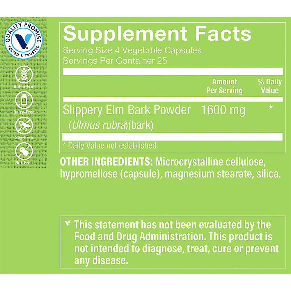 The Vitamin Shoppe Slippery Elm Bark Vegetarian Capsules, 100 Count