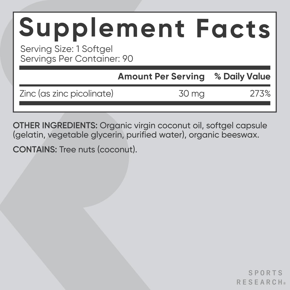 Sports Research Zinc Picolinate 30mg with Organic Coconut Oil Softgels 90