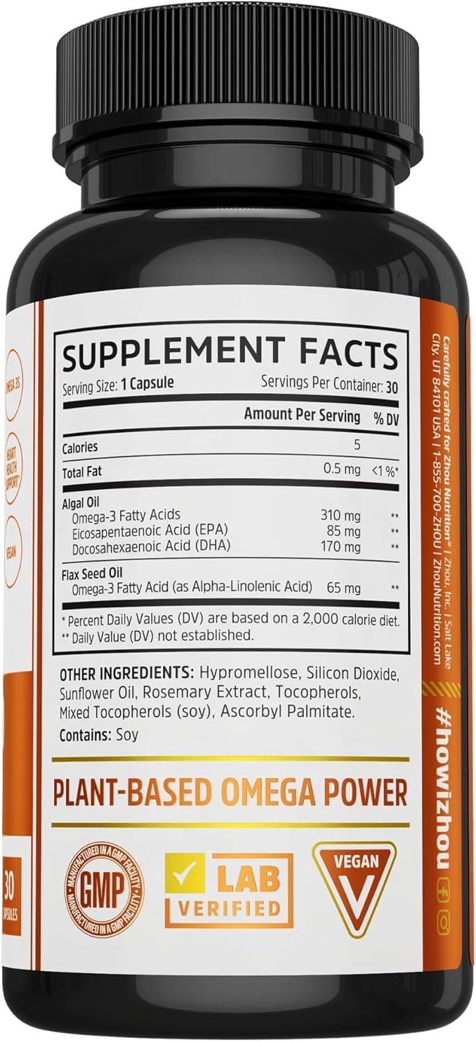 Zhou Plant-Based Omegas Vegan Omega-3 Supplement 30 Capsules