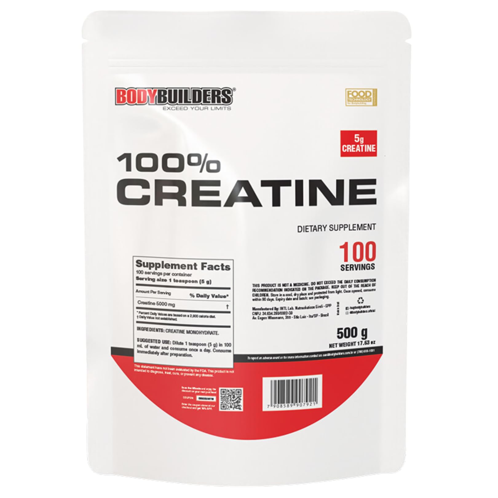 BODY BUILDERS 100% Creatine Unflavored Powder, 100 Servings