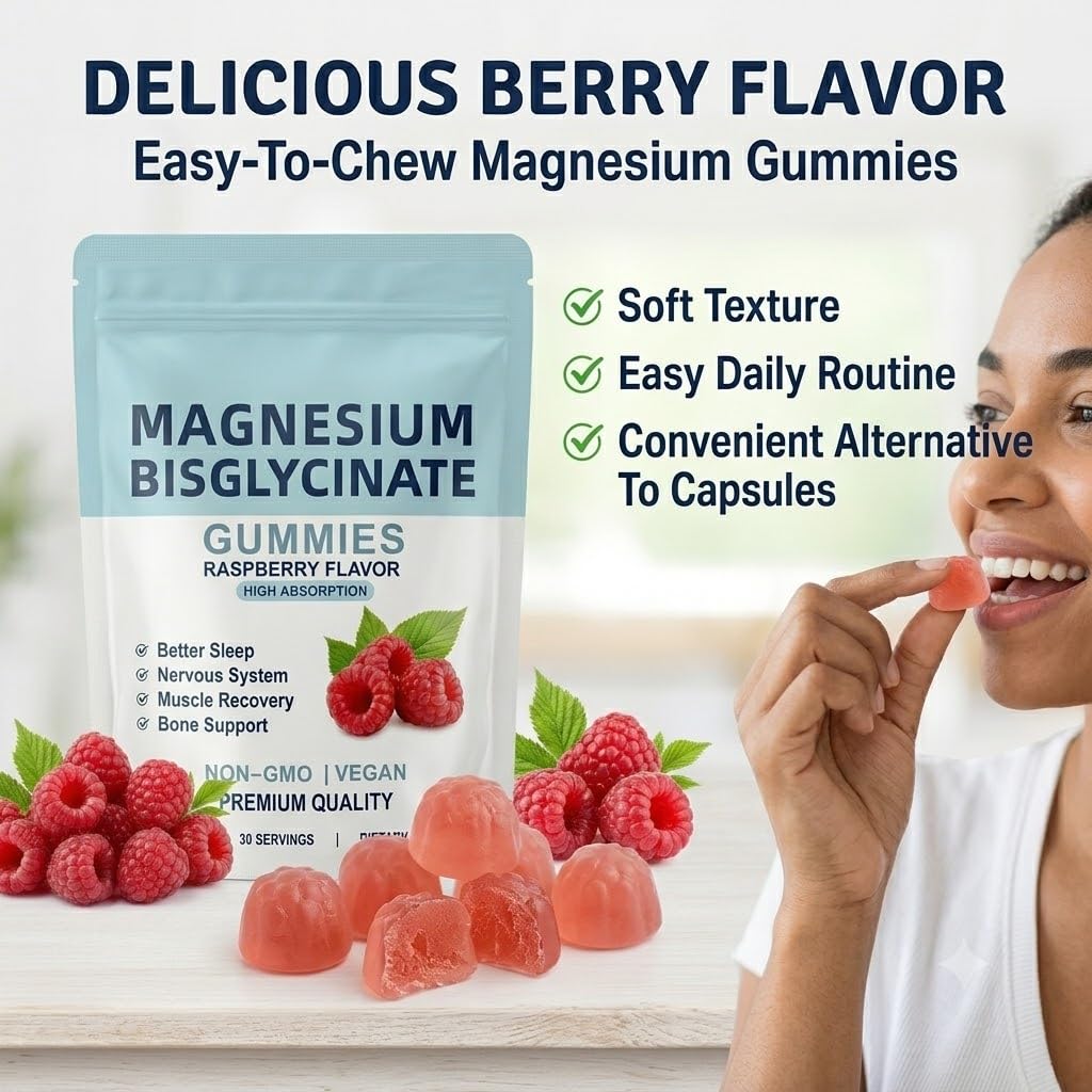 Galriva Magnesium Bisglycinate Gummies 400mg, High Absorption Magnesium Glycinate, Raspberry Flavor, Vegan, 1 Gummy