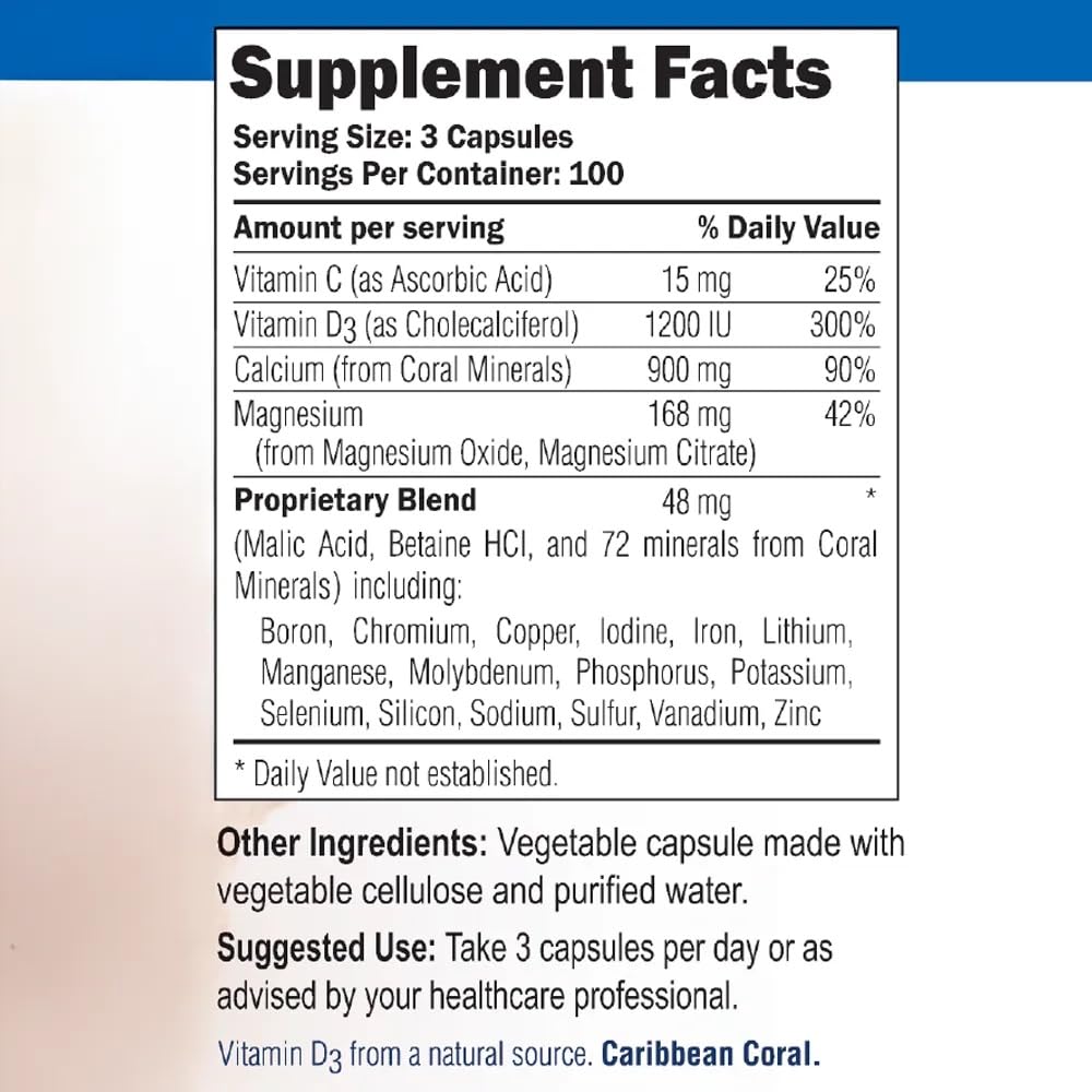 Coral White Coral Complex 3 Calcium Supplement Vitamin D3 & Magnesium Capsules 90 Count