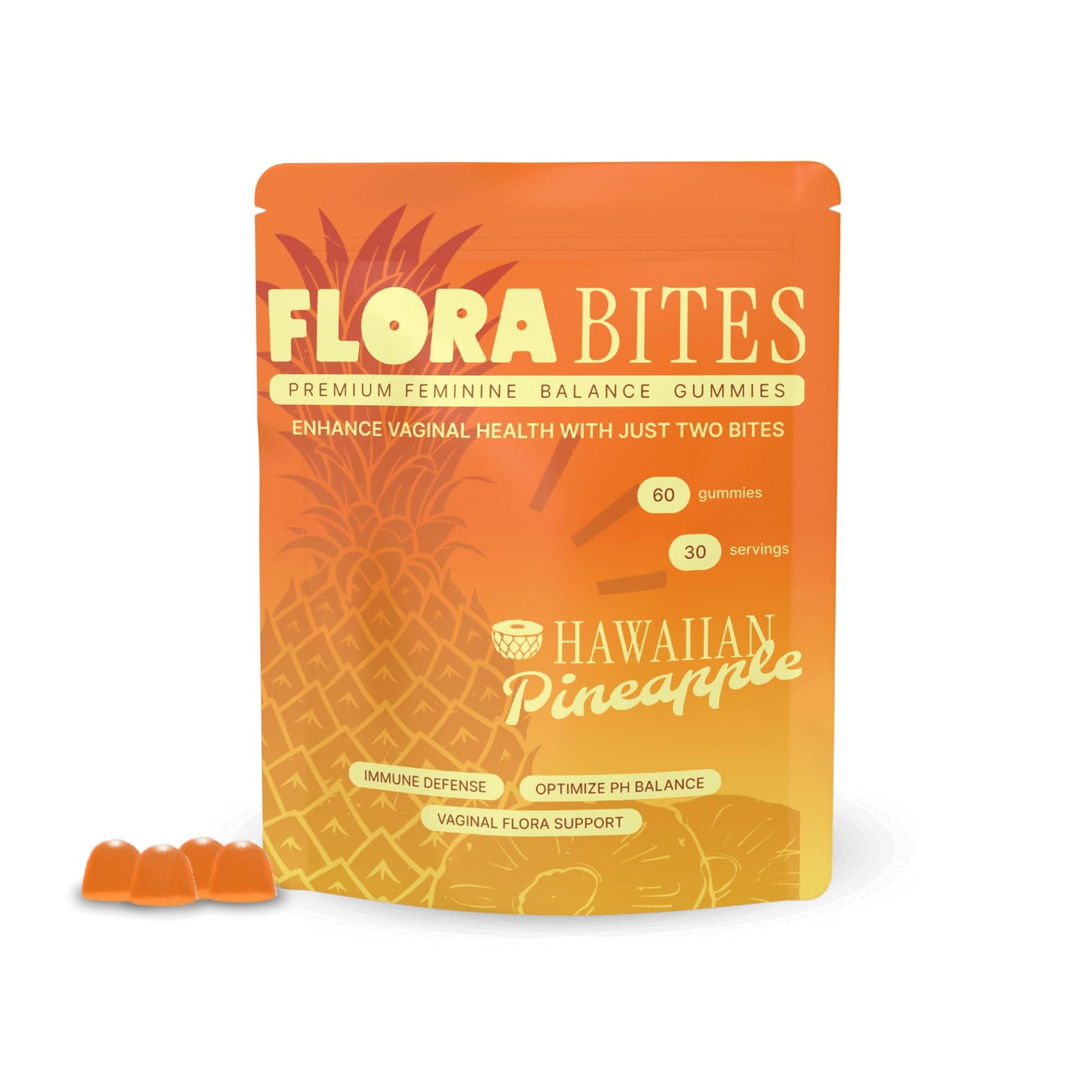Flora Bites Feminine Balance Gummies – pH Balance & Yeast Infection Support, Hawaiian Pineapple Flavor, 60 Gummies