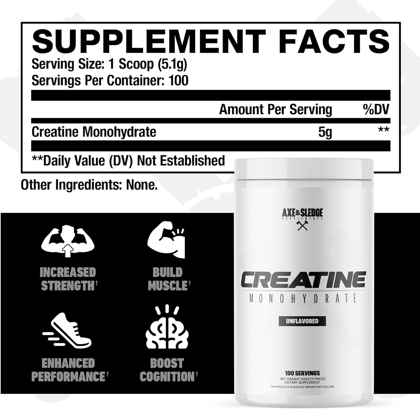 Axe & Sledge Creatine Monohydrate Powder, 100 Servings
