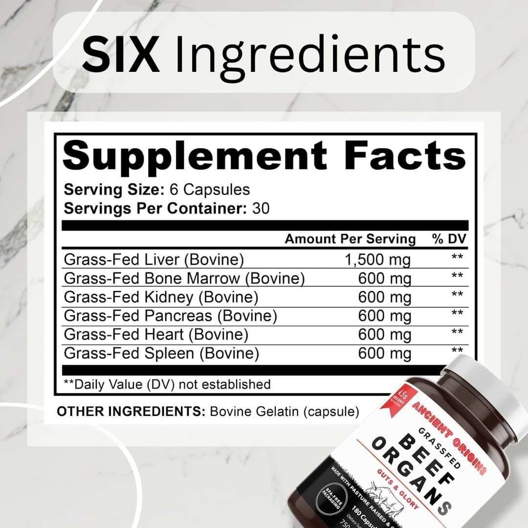 Ancient Origins Grass Fed Beef Organs Supplement 4500 mg Desiccated Liver, Bone Marrow, Heart, Spleen, Pancreas & Kidney Capsules, 180