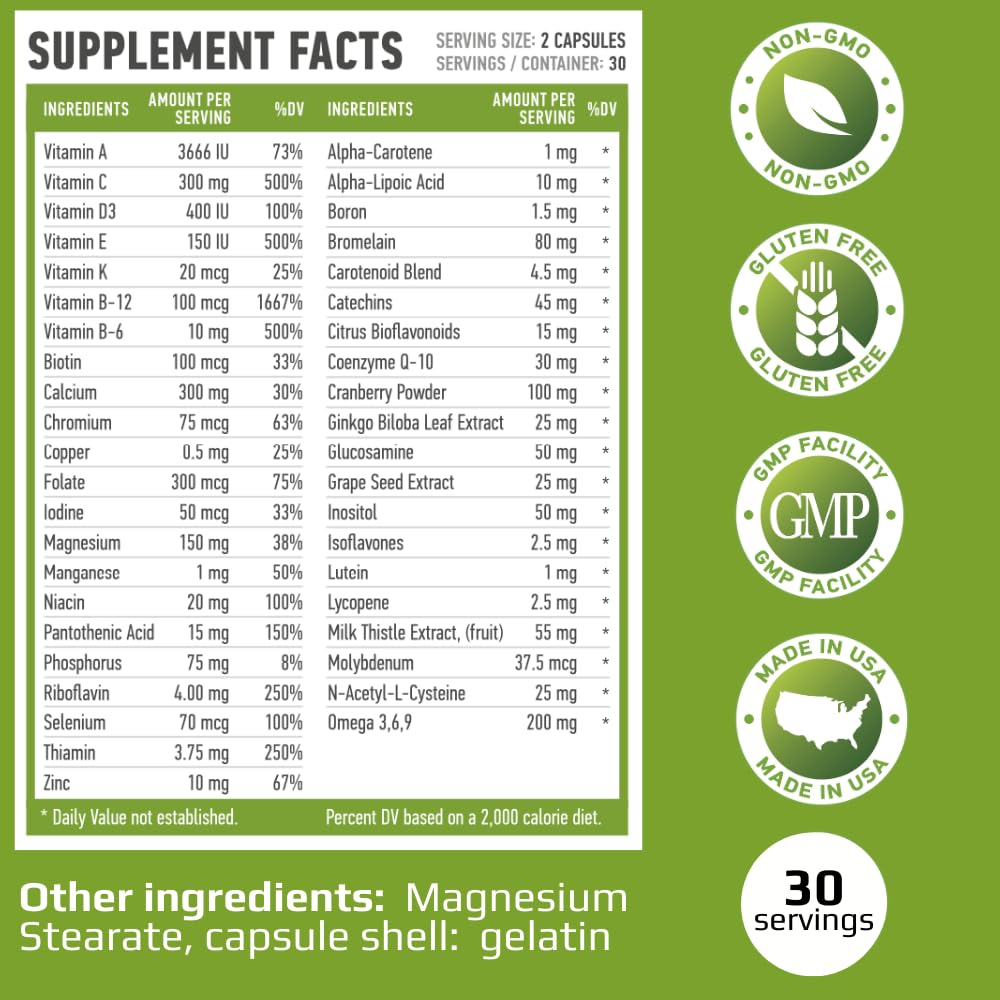 MUSCLE FOOD LABS Complete Vitamins | MULTIVITAMIN & Minerals | Omega 3.6.9 | COQ-10 | D3 | NO Iron, 60 Capsules