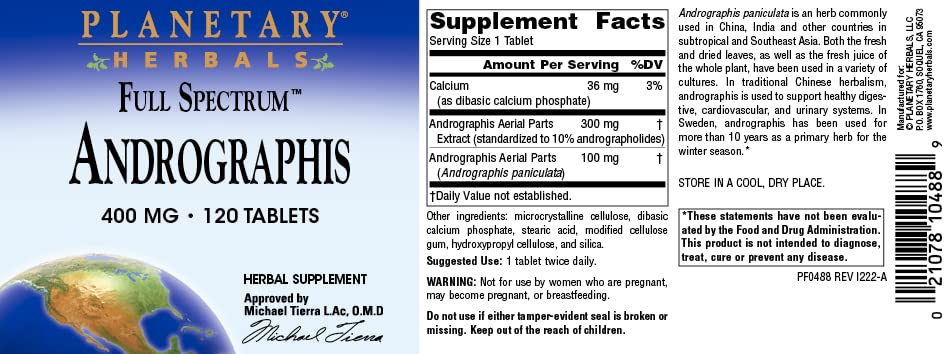 Planetary Herbals Full Spectrum Andrographis 400mg Tablet, 120 Tablets