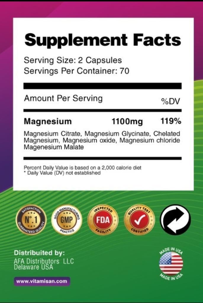 Vitamisan High Absorption Magnesium 6 Forms of Magnesium Citrate, Chelated Glycinate, Chloride, Malate, Oxide 140 Capsules