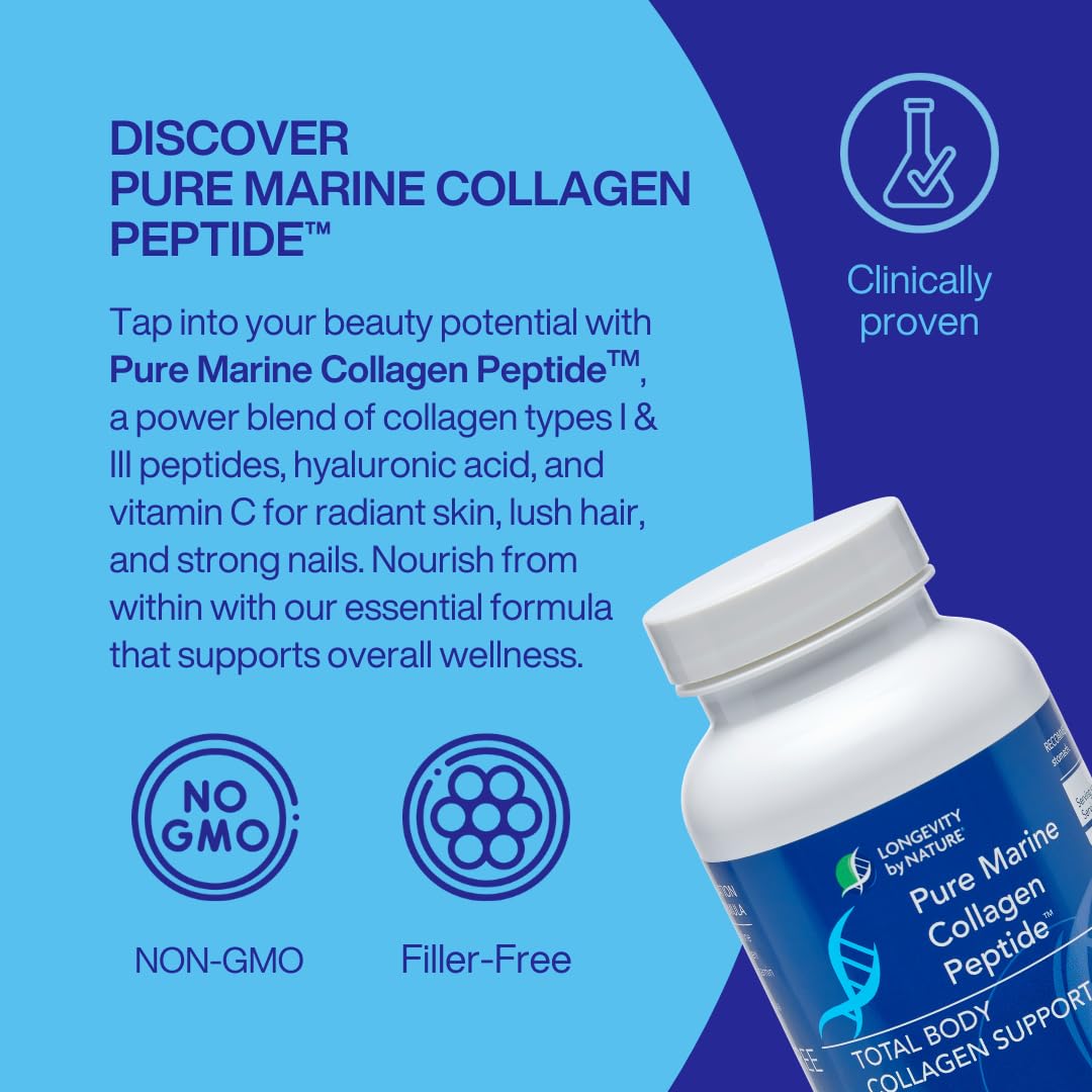 Longevity by Nature Marine Collagen Peptides Type I & III Skin, Hair & Nail Support, 120 Capsules