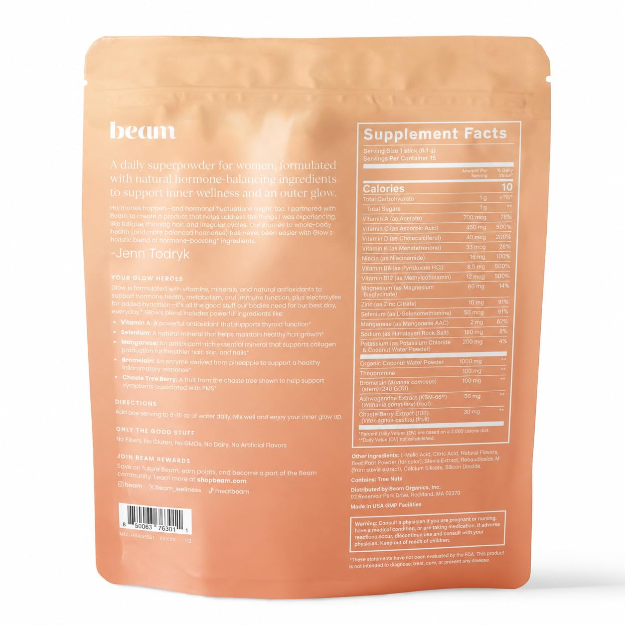 BEAM Glow Hormone Support & Cortisol Supplement for Women Peach Mango Powder, 15 Servings