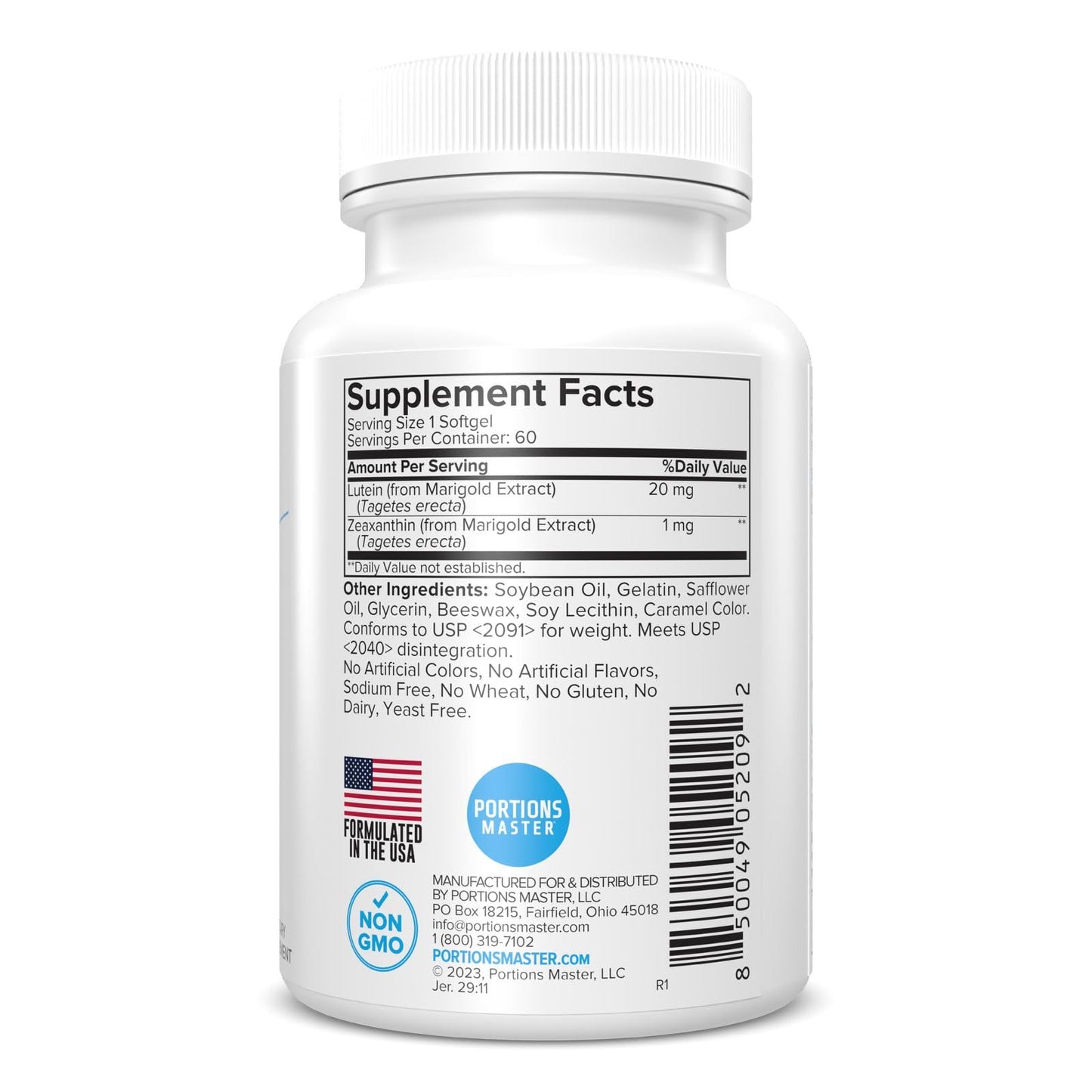 Portions Master Lutein 20mg + Zeaxanthin, Eye & Vision Softgels 60 Count