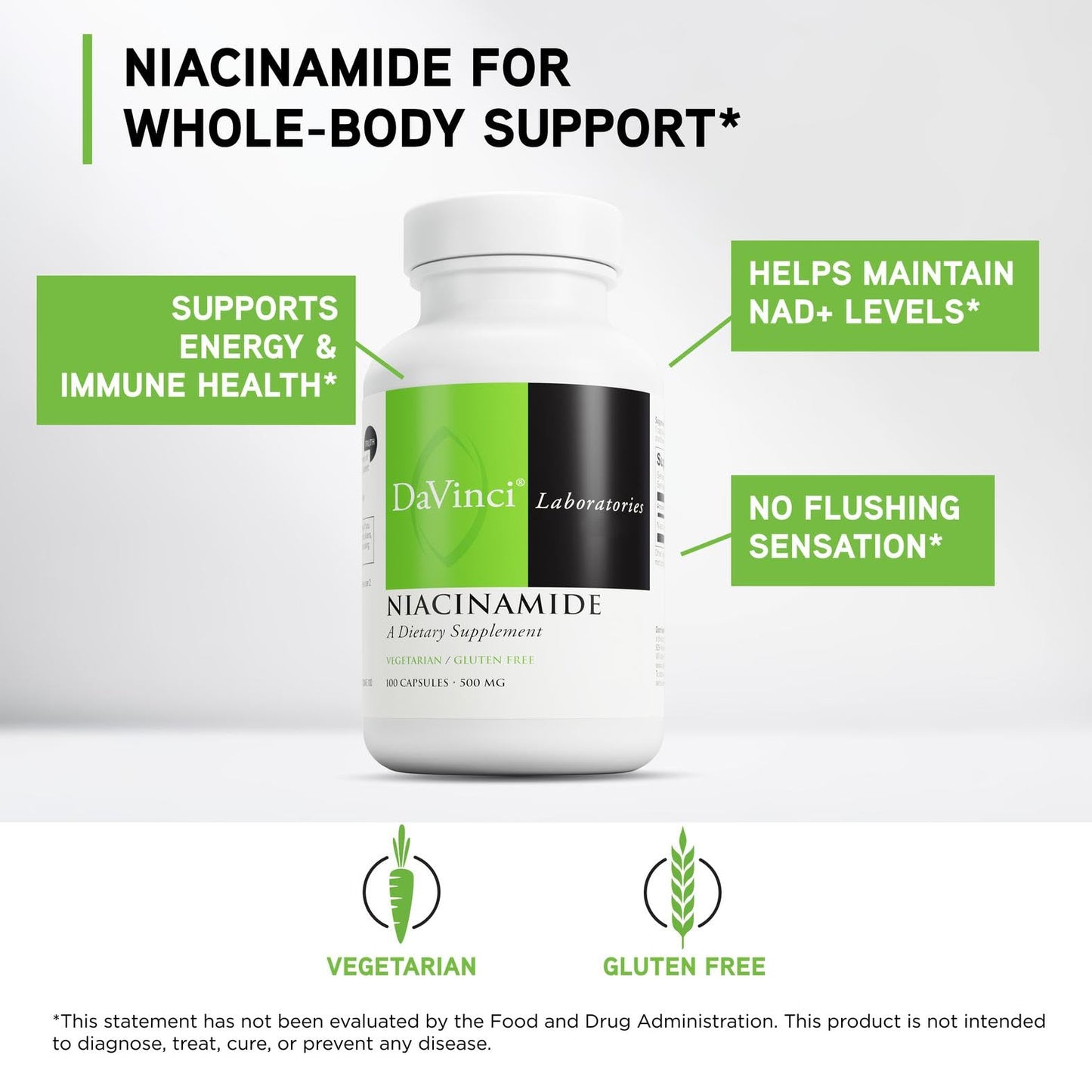 DAVINCI Niacinamide Dietary Supplement with Vitamin B3 (500 mg per serving), Gluten-Free, 100 Capsules