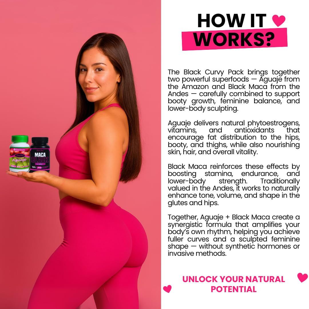 Curvy Fruit Maximum Booty Growth – Aguaje + Black Maca Pills for Women – Glute Volume Enhancer - Black Curvy Pack, 100 Capsules
