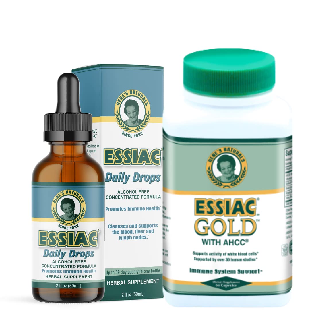 Essiac Power Bundle Tea Daily Drops Gold w/AHCC Mushroom Extract 2 Capsules
