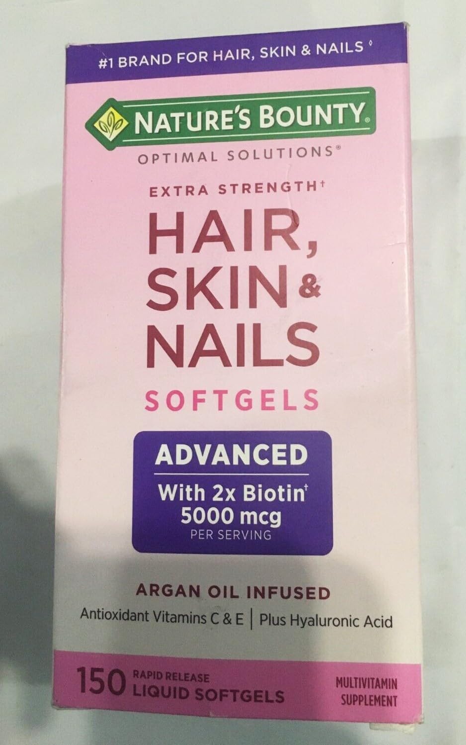 Nature's Bounty Optimal Solutions Extra Strength Hair Skin & Nails Biotin 5000 mcg Softgels 150 Count (Pack of 3)