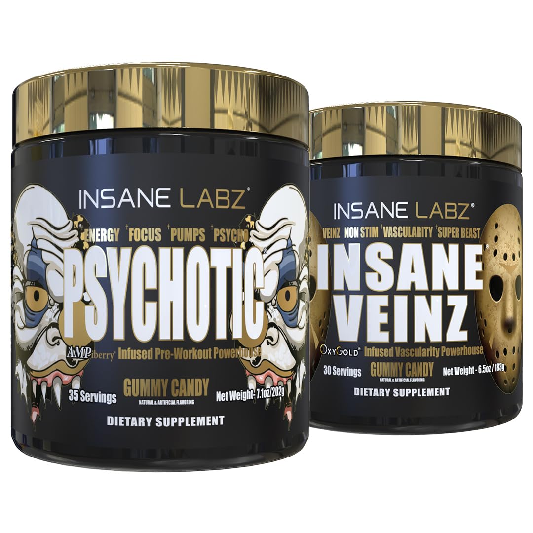 Insane Labz Psychotic Gold and Insane Veinz Gold Pre Workout Nitric Oxide Booster Stack Powder 13.6