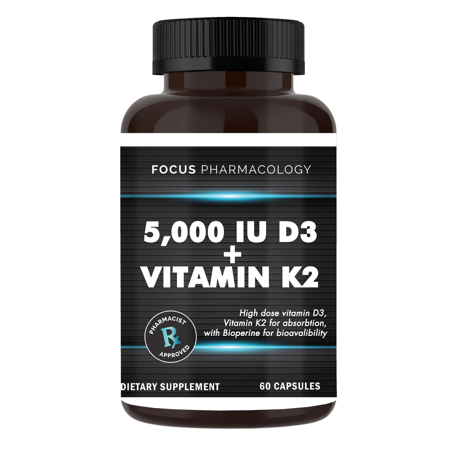 Focus Pharmacology Vitamin D3 with Vitamin K2 5,000 IU, 60 Capsules