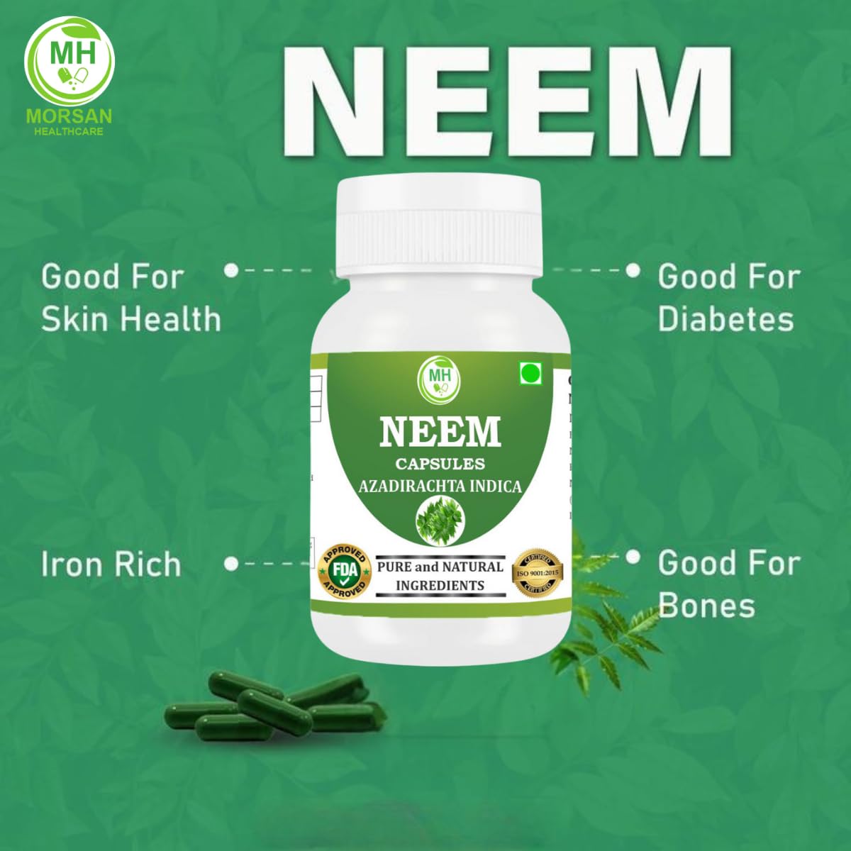 Morsan Healthcare Neem (Azadirachta Indica) Capsules - 500 mg, 60 Veg Capsules