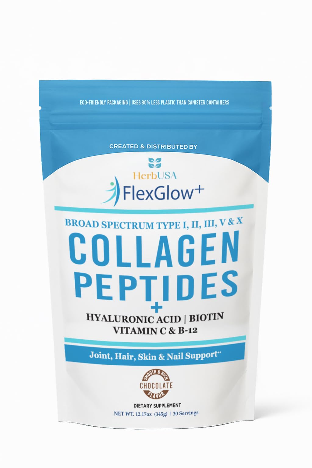 HerbUSA FlexGlow+ Collagen Peptides – Broad Spectrum (I, II, III, V, X) – 6,900mg – Hyaluronic Acid, Biotin & Vitamin C – Hair, Skin & Joint Support Powder, 12.17 oz