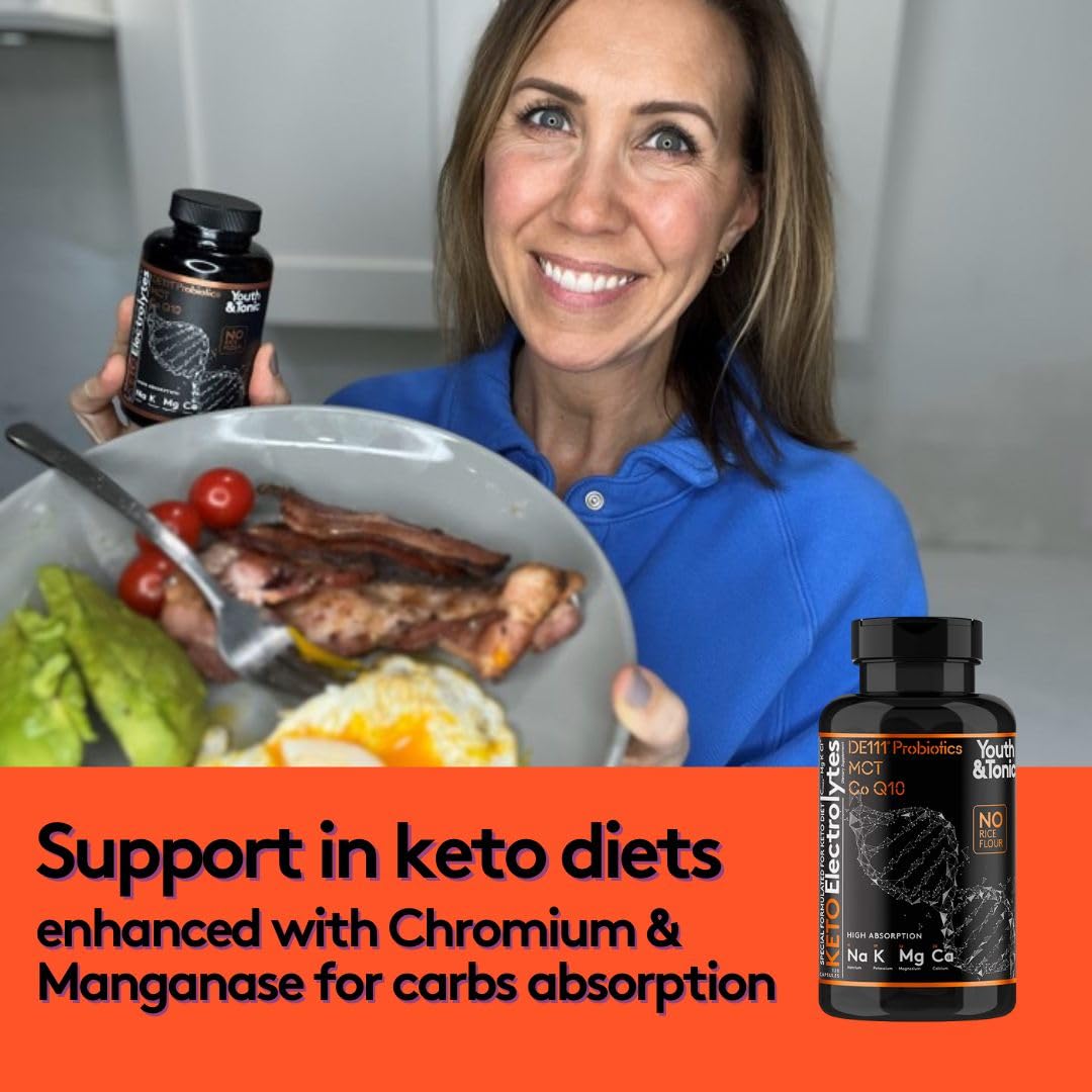 Youth & Tonic Keto Electrolyte Capsules with MCT, Magnesium, Potassium & Zinc – Probiotics, CoQ10 & Vitamin D3 for Hydration, Energy & Fasting Support, 120 Capsules