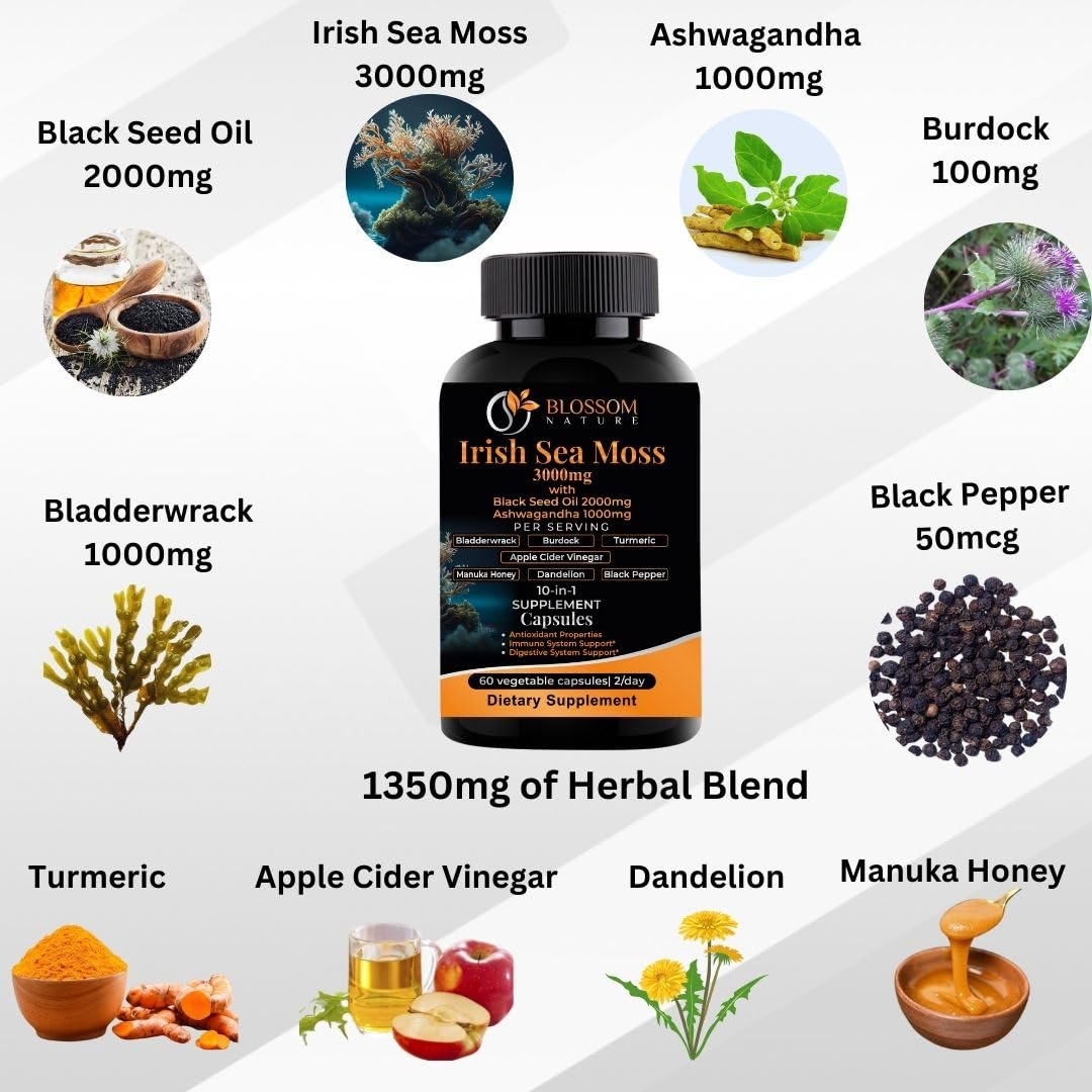 Blossom Nature 10-in-1 Irish Sea Moss 3000mg with Black Seed Oil, Ashwagandha, Bladderwrack, Burdock, Turmeric, Apple Cider Vinegar, Manuka Honey, Dandelion, Black Pepper, 60 Capsules