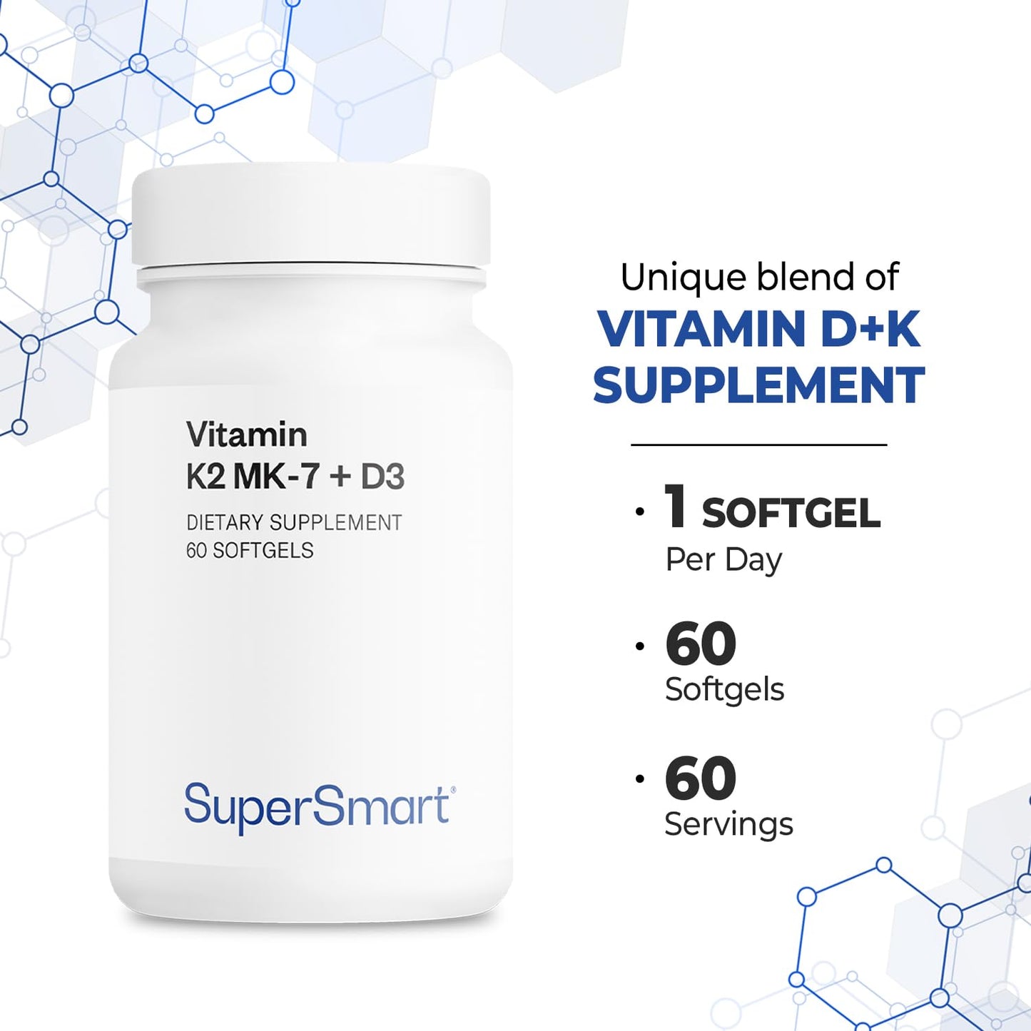 Supersmart Vitamin K2 MK7 + Vitamin D3 90mcg per Day (High Bioavailability) - Menaquinone Supplement - Vitamin D & K Complex, 60 Softgels