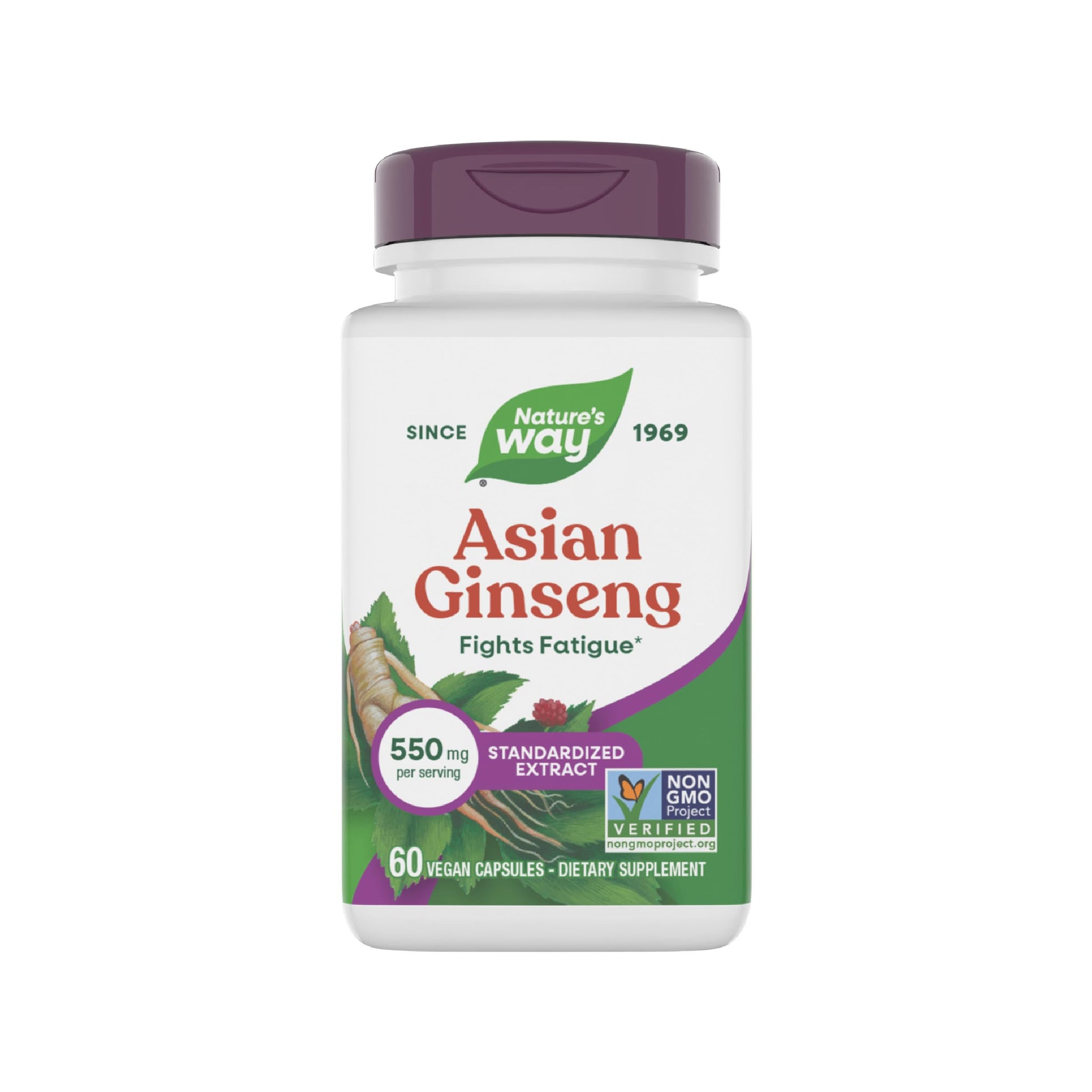 Nature's Way Asian Ginseng Standardized Extract, Fights Fatigue*, Adaptogenic Herb*, 550 mg per Serving, Non-GMO Project Verified, 60 Vegan Capsules