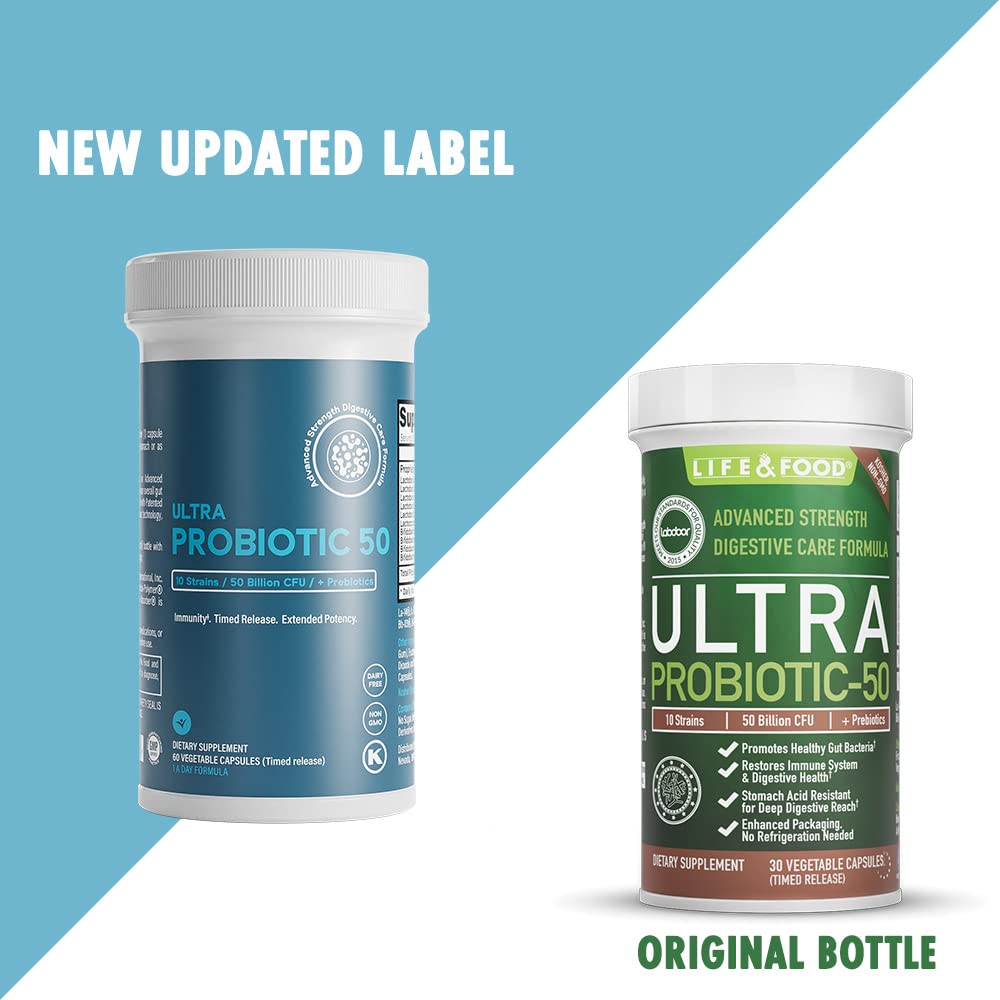Life & Food Ultra Probiotic 50 Billion CFU with Sunfiber Prebiotics Once Daily Time Release Capsules, 60 Capsules