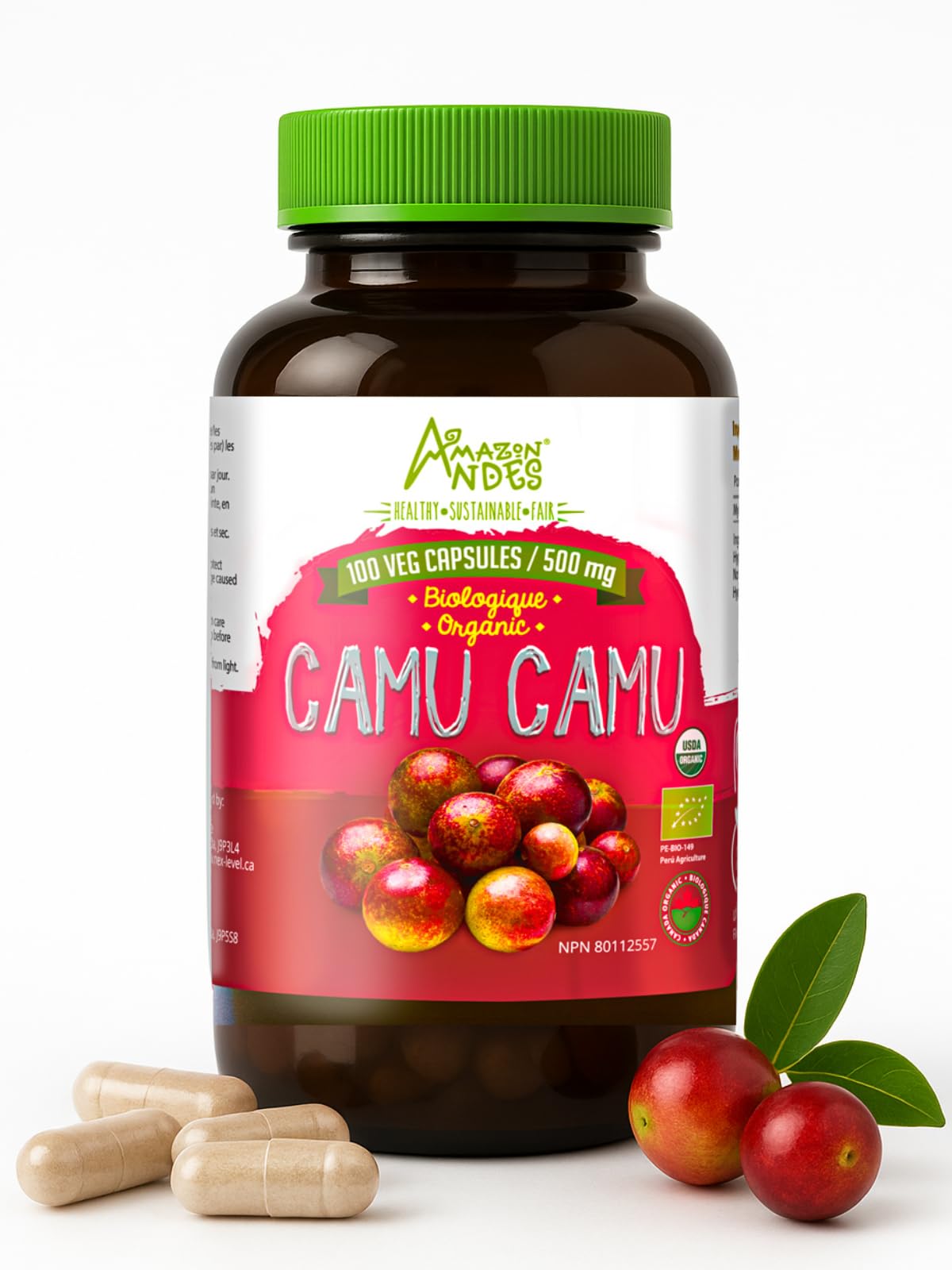 AMAZON ANDES HEALTHY · SUSTAINABLE · FAIR Camu Camu 500mg Capsules, 100 Count