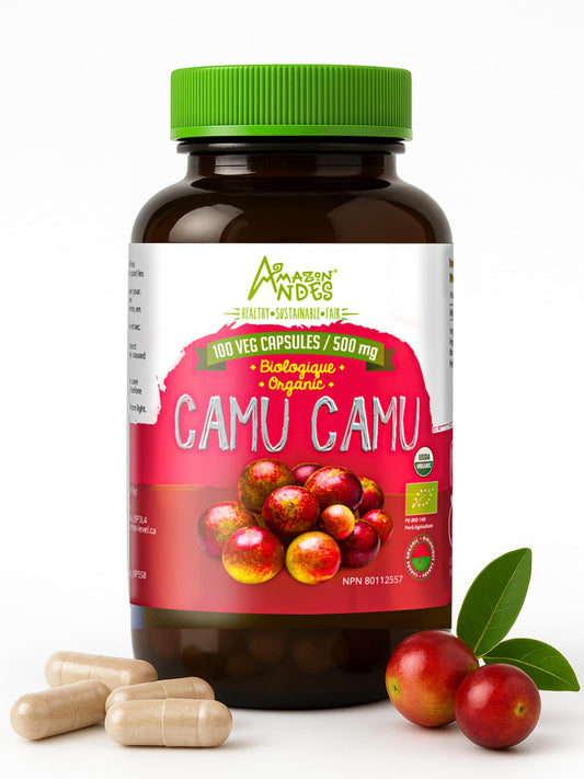 AMAZON ANDES HEALTHY · SUSTAINABLE · FAIR Camu Camu 500mg Capsules, 100 Count