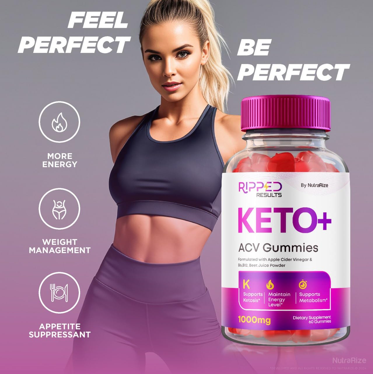 NutraRize Ripped Results Keto + ACV Gummies, 60 Gummies