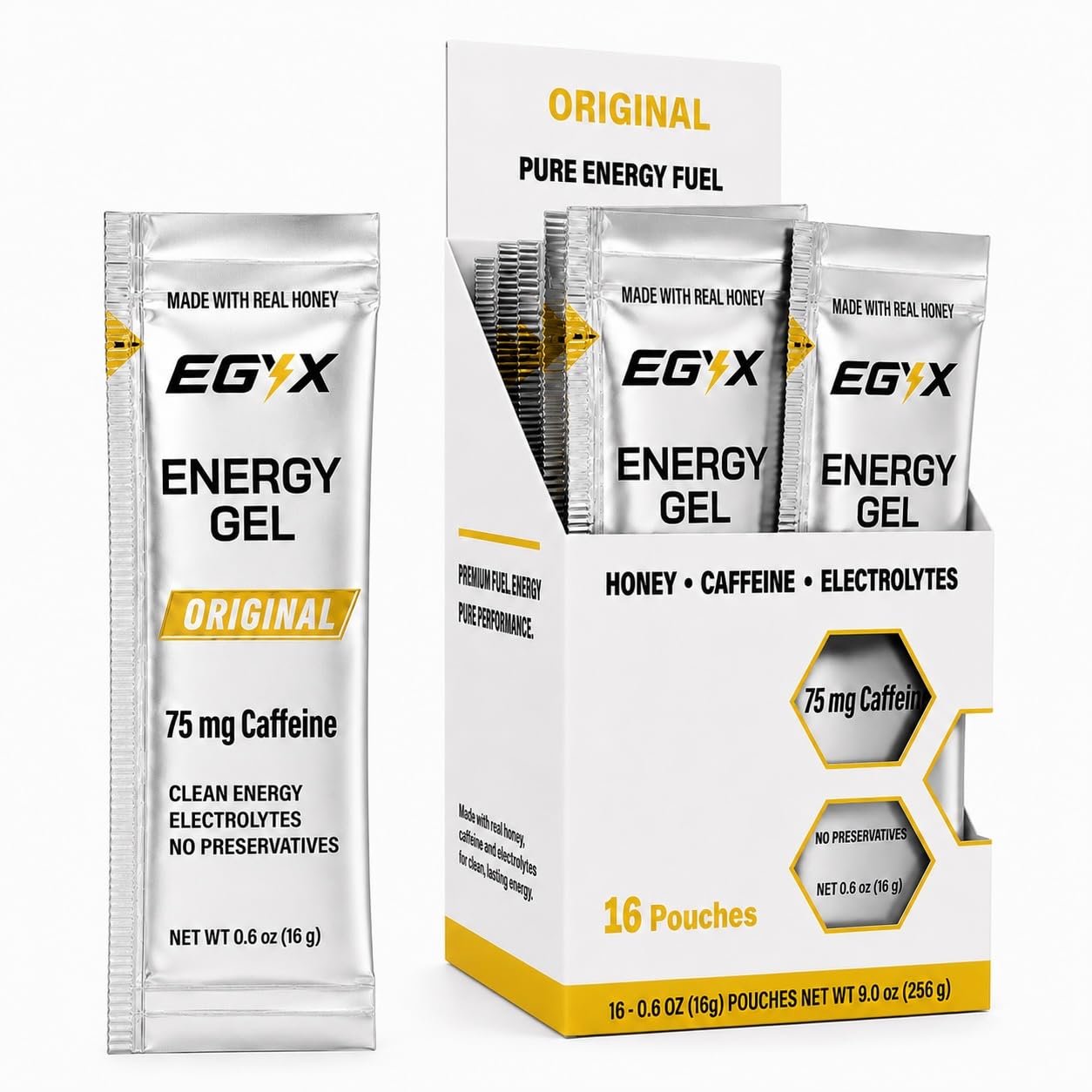 EGYX Honey-Based Energy Gel 75 mg Caffeine, Clean Energy, Preservative-Free, Original, 16 Gels